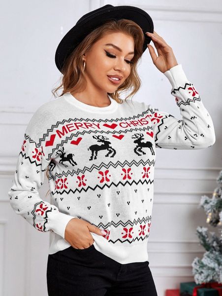 

christmas chevron & elk pattern drop shoulder sweater e0o1#, White;black