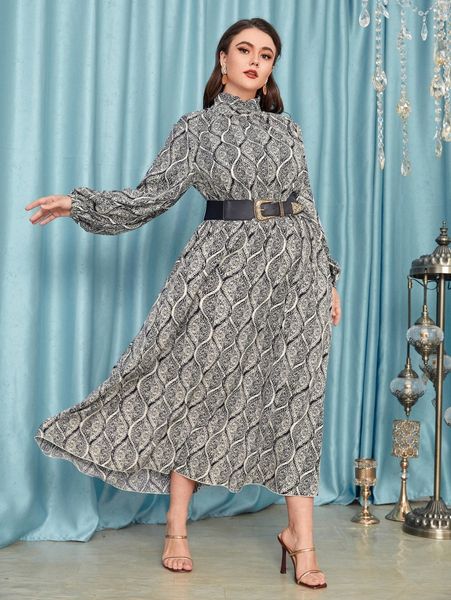 

plus allover print mock neck dress with belt c1g2#, Black