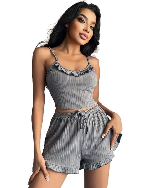 

frilled rib-knit tie front pj set g41i#, Black;red