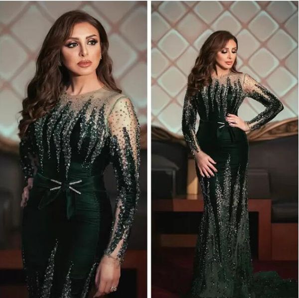 Aso Ebi Arabisch Angham Luxuriöse Perlen Meerjungfrau Abendkleider Illusion Lange Ärmel Kristalle Samt Formelle Party Kleider für den zweiten Empfang