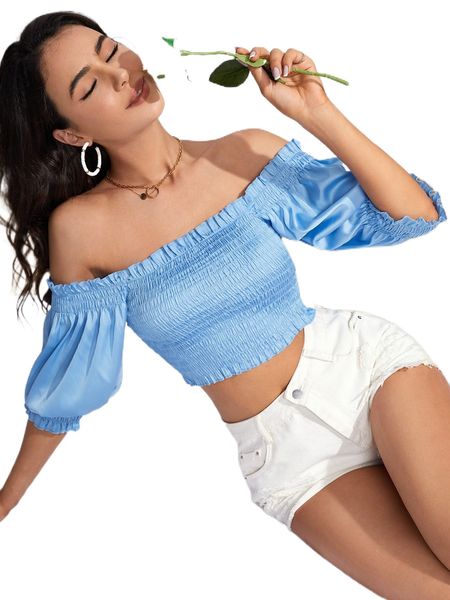 

shirred frill trim puff sleeve crop blouse 54pr#, White