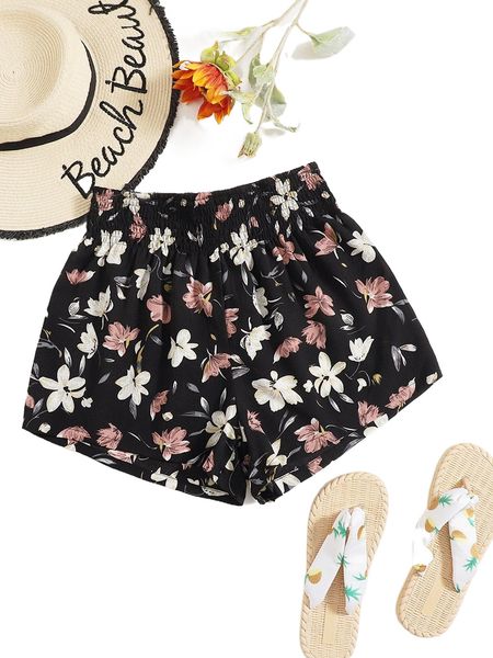 

shirred waist floral print shorts 88zc#, White;black