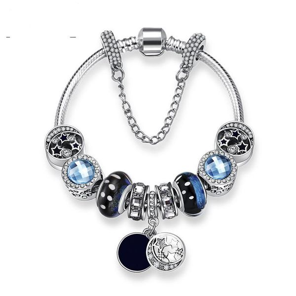 

new charm bracelets blue sky beads strand bracelet 925 silver snake chain retro national wind star glaze beads moon diy jewelry ac3283, Golden;silver