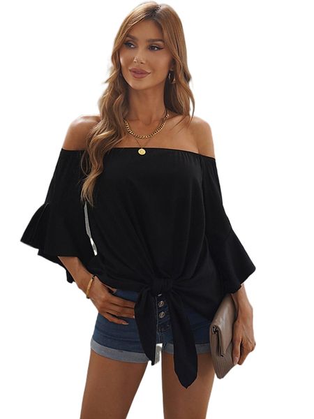 

off shoulder flounce sleeve knot hem blouse o97z#, White