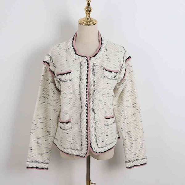 

two piece dress xiaoxiang sweater women's cardigan autumn and winter mixed color buttonless celebrities versatile slim fit fried street, White