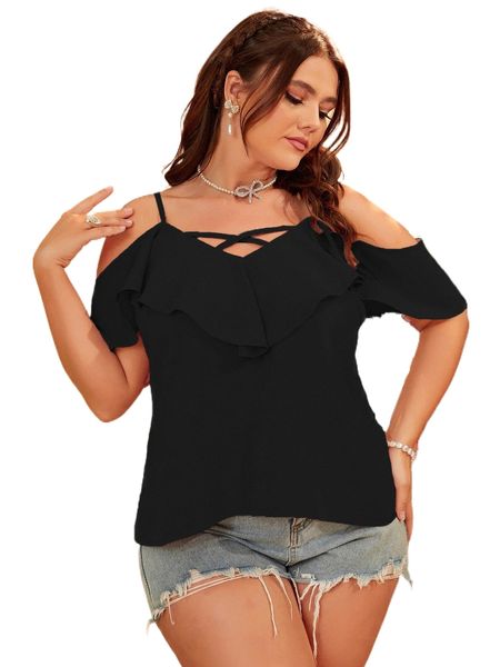

plus solid ruffle criss cross cold shoulder blouse l3j5#, Black
