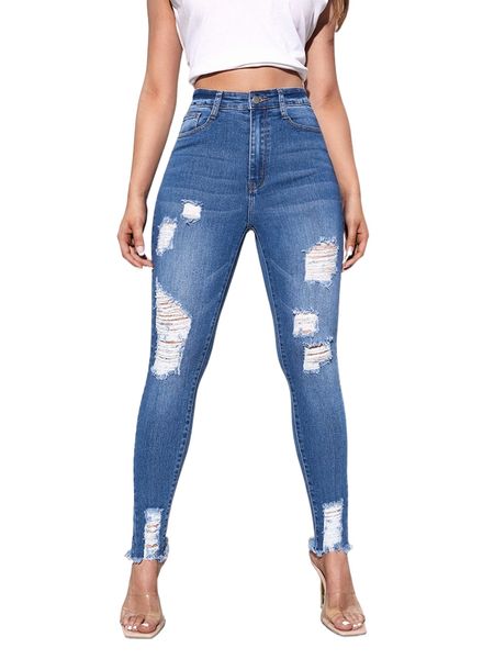 

zipper fly ripped raw hem skinny jeans 77lb#, Blue