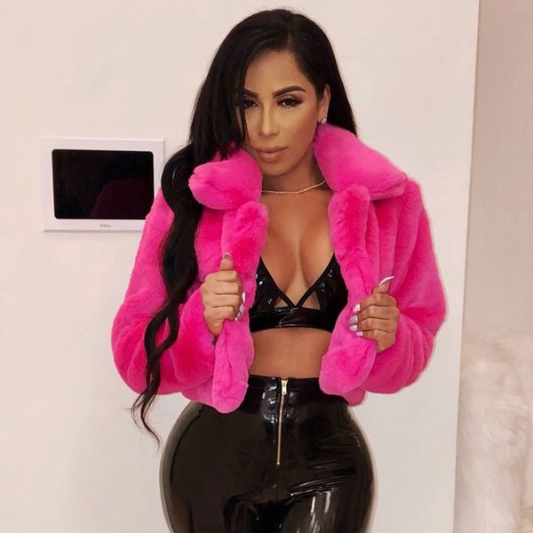 

viifaa rose red solid open front fuzzy crop faux fur coat women winter fashion outerwear fluffy fake fur coats jackets, Black