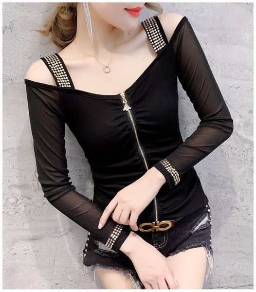 

slash neck shirts off shoulder korean diamonds rivet zipper spring autumn women deep v shirt clothes camiseta mujer, White