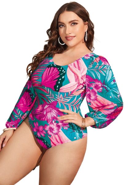 

plus tropical print lantern sleeve one piece swimsuit a5iy#, White;black