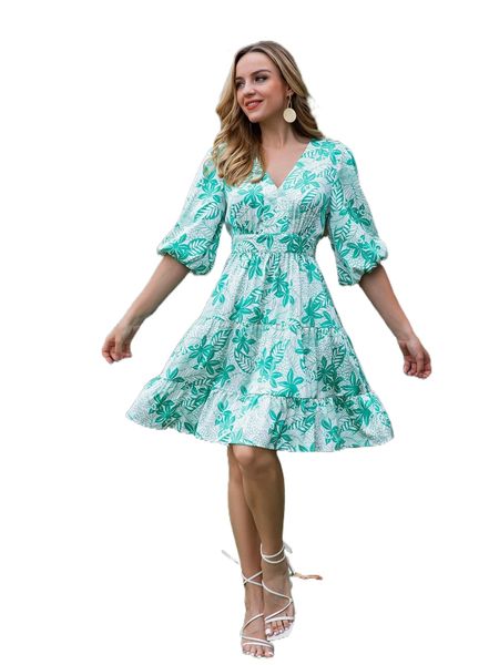 

tropical print lantern sleeve shirred back ruffle hem dress x97w#, Black;gray