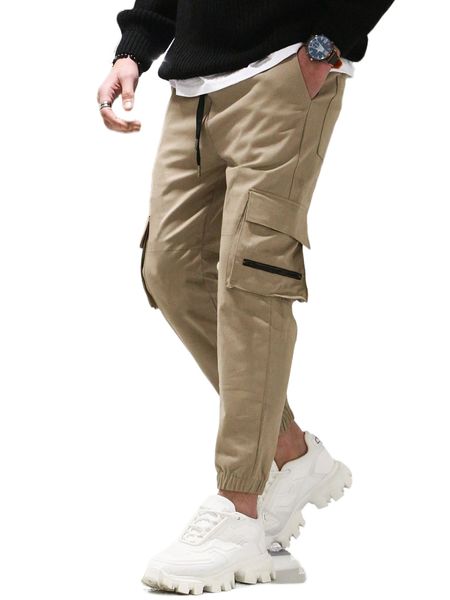 

men drawstring waist flap pocket cargo pants 55mu#, Black