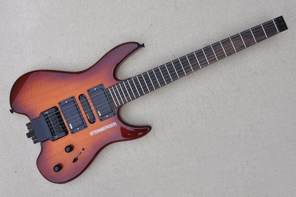 

factory sunburst headless electric guitar with flame maple veneer black hardware rosewood fingerboard hsh pickups 24 frets can be customized