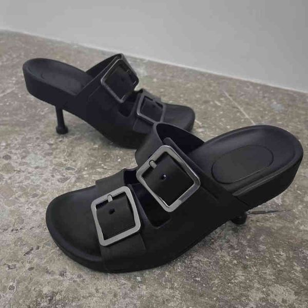 

dress shoes woman genuine leather shoes mules high heel metal decoration designer open-toe pumps buckle slides, Black