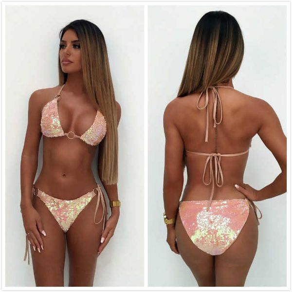 

2022 summer new sequin color changing lace up bikini set, White;black