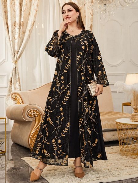 

plus flower embroidered contrast lace overlay tunic dress o3dh#, Black