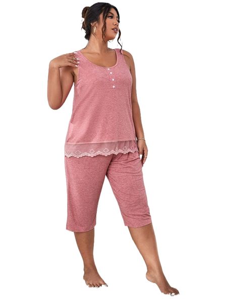 

plus embroidery mesh scallop trim fake button pj set s6ar#, Black;white