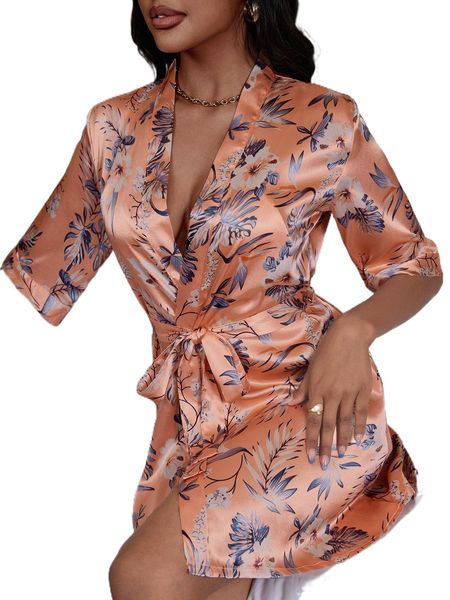 

tropical print belted satin sleep robe without lingerie q0bn#, Black;red
