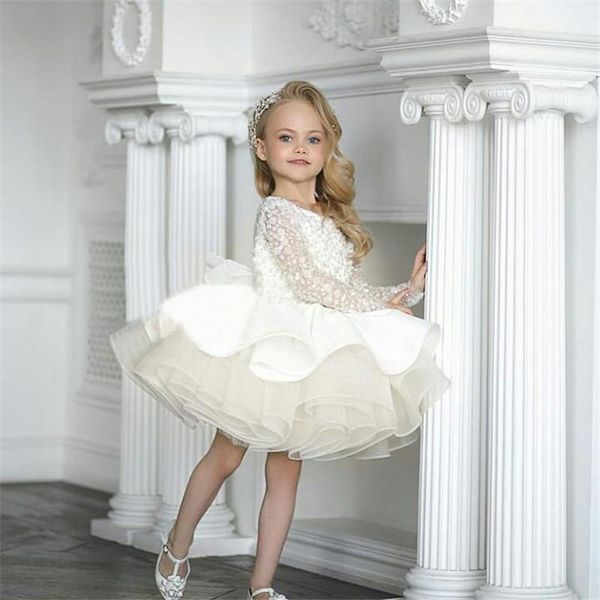Abiti da ragazza Avorio Bianco Manica lunga Ragazze Puffy Tulle Flower Girl Dress Abbigliamento per bambini Abito di compleanno per bambini PographyGirl's
