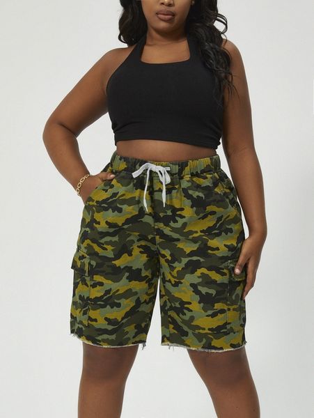 

plus drawstring waist camo print raw hem denim shorts q130#, White;black