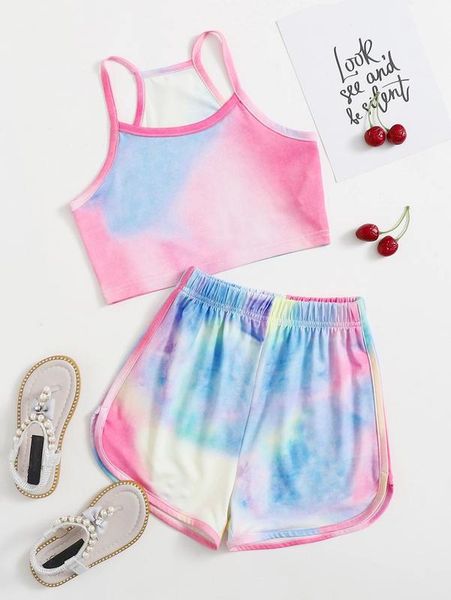 

girls tie dye cami with shorts she, White