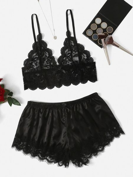 

plus contrast lace scallop trim satin lingerie set 77db#, Black;white