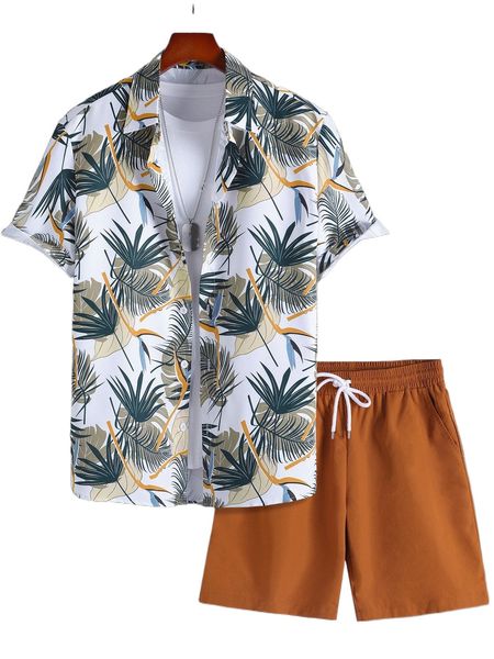 

men random tropical print shirt with drawstring waist shorts without tee k1u0#, Gray