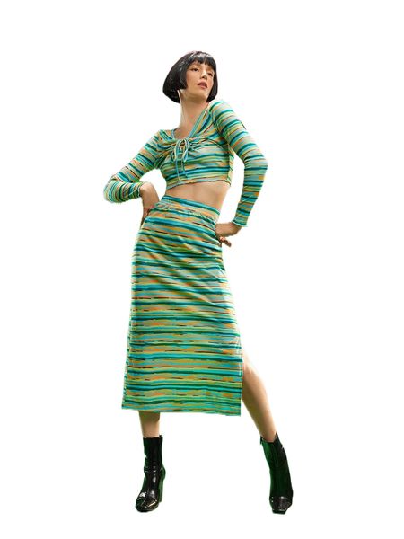 

x neon island high waist block striped split hem skirt v6ag#, Black