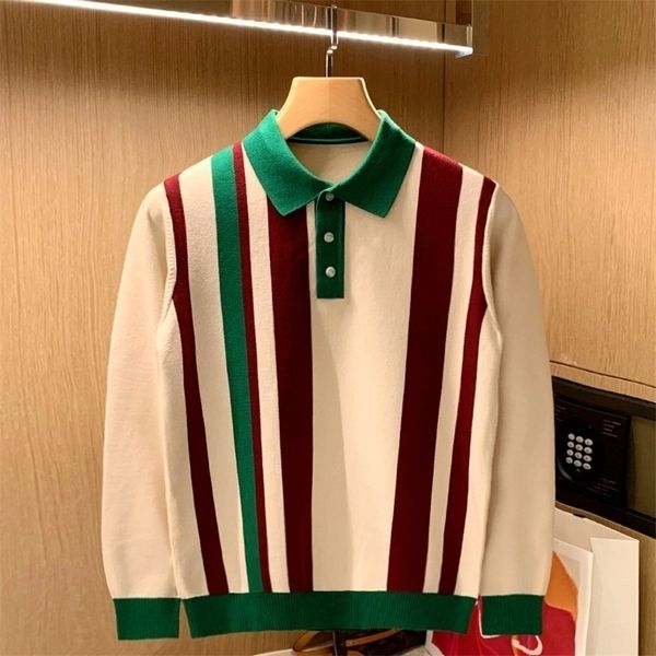 

spring autumn lapel pullover male long sleeve jumpers men striped slim fit knitted a400 220817, White;black