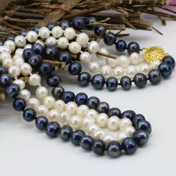 

2 rows 8-9 mm black/white freshwater pearl necklace 17-18&quot, Silver