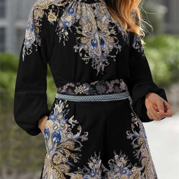 

women shorts sets summer long puff sleeves suit celmia fashion printed high collar buttons shirts casual loose 2 pcs suits 220602, Gray
