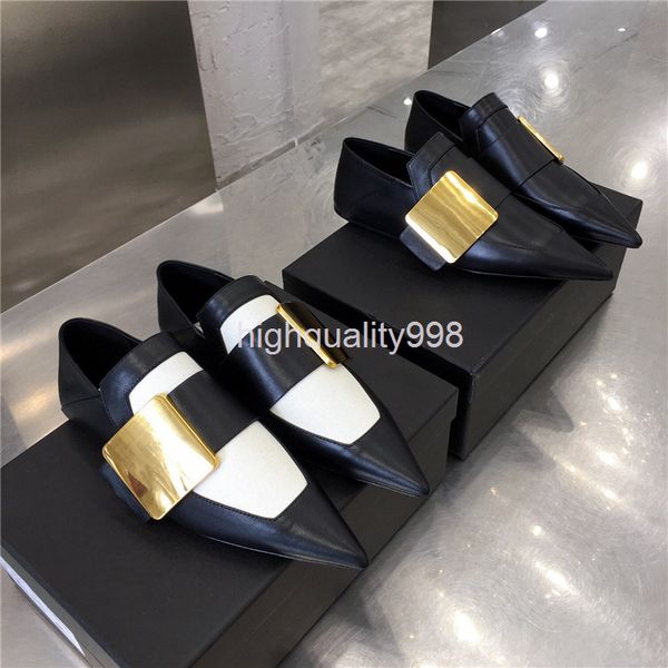 

dress shoes pointed women's shoes black-and-white color matching large metal buckle flat bottom casual heel two wear single