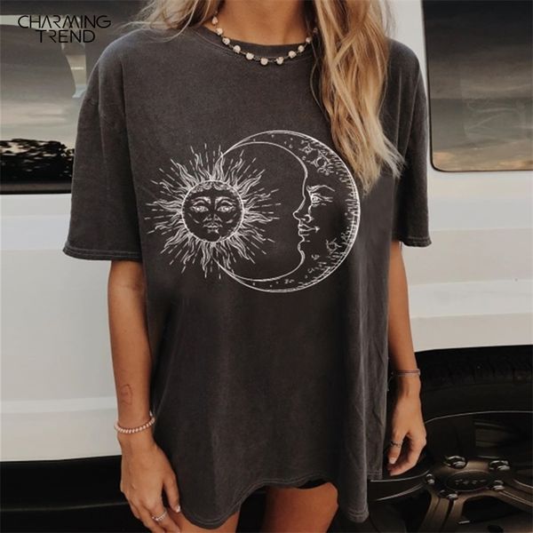 

women fashion casual sun moon print loose short sleeve long t shirt ins vintage women summer oversize tee shirts 210317, White