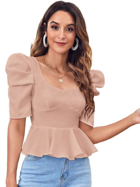 

zipper back puff sleeve peplum u4yj#, White