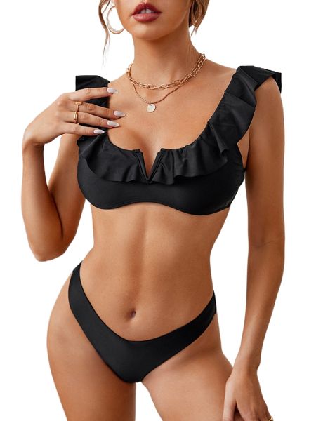

ruffle trim v wired bikini swimsuit r3hm#, White;black
