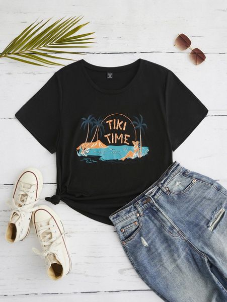 

plus letter & tropical print tee 31bb#, Black