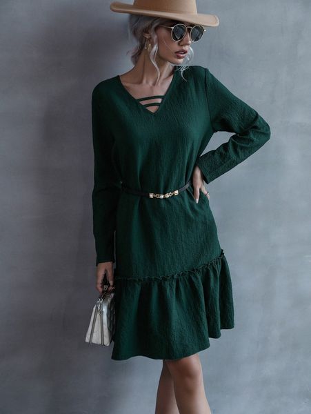 

cut out ruffle hem smock dress without belt r83c#, Black;gray