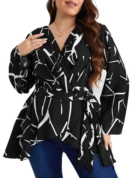 

plus graphic print overlap collar belted blouse c7nt#, Black