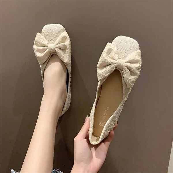 

manis chic bertekstur ikatan simpul flat wanita mode kasual slip on sepatu putih hitam nyaman balet loafers baru 220614, Black