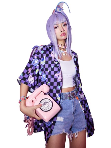 

romwe anime cartoon print checkerboard button front blouse d7lv#, White