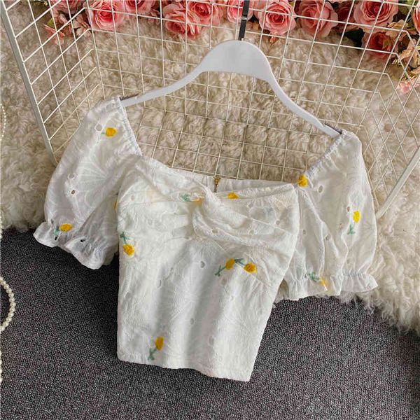 

women's blouses shirts 2022 summer square neck hollow out embroidered short sleeve shirt women's waist closing bubble open navel e, White
