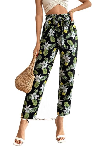 

tropical print paperbag waist belted pants r4ye#, Black;white