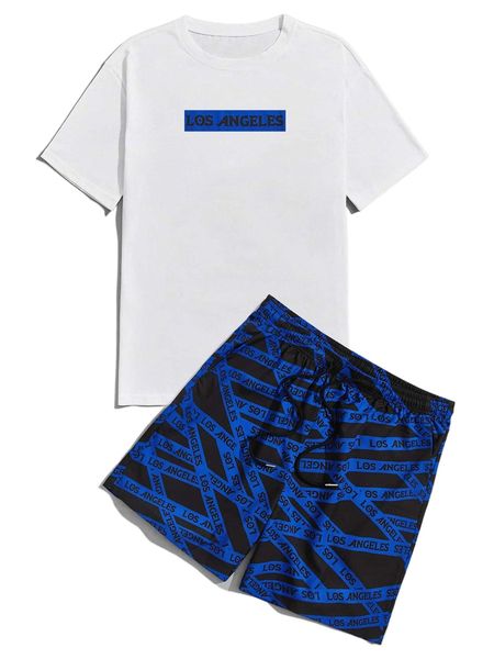 

romwe guys letter print tee & shorts d7px#, Gray