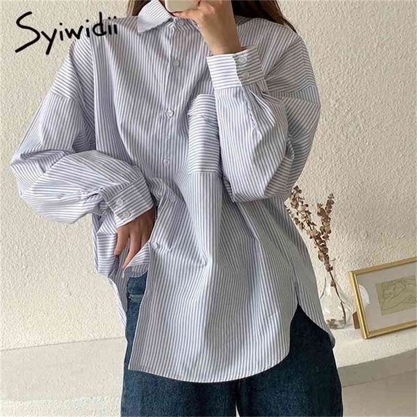 

striped button up shirt womens pocket oversized loose style turn-down collar casual white with blue spring fashion 210607