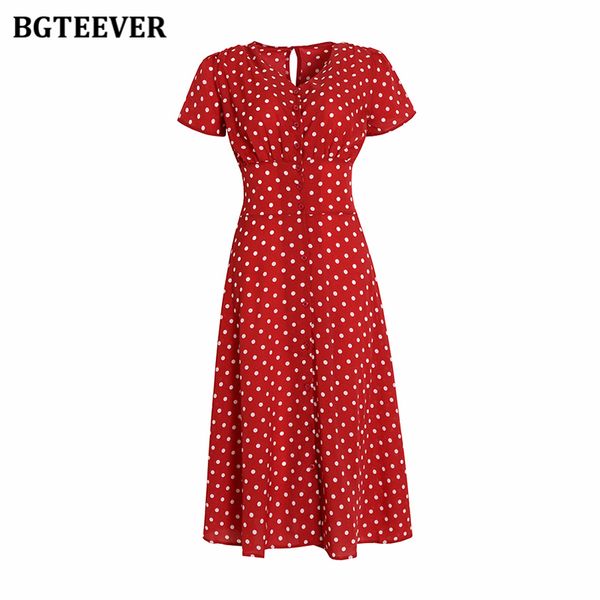 

vintage high waist polka dots print women chiffon dress v-neck short sleeve single-breasted female a-line dress 2021, Black;gray