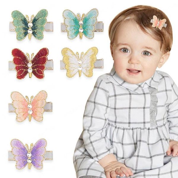 

ins handwork butterfly girls hair clips cute pearl barrettes designer baby bb clip girl accessories, Slivery;white