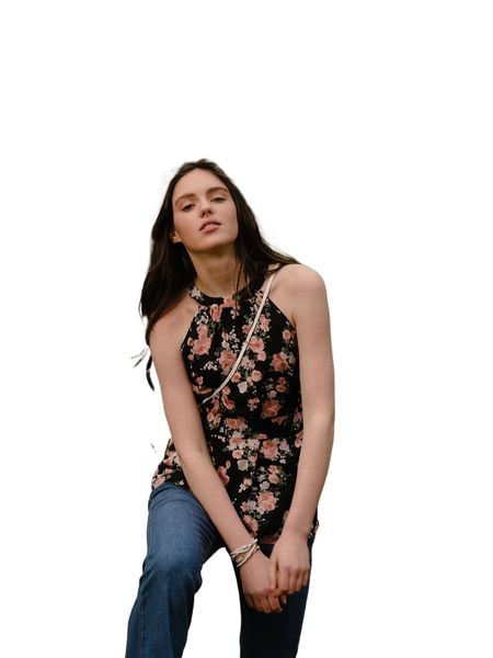 

floral print tie back belted halter f9kd#, White