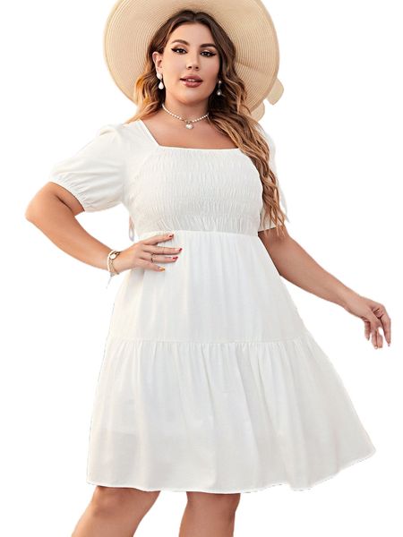 

plus square neck puff sleeve shirred ruffle hem dress g2r7#, Black