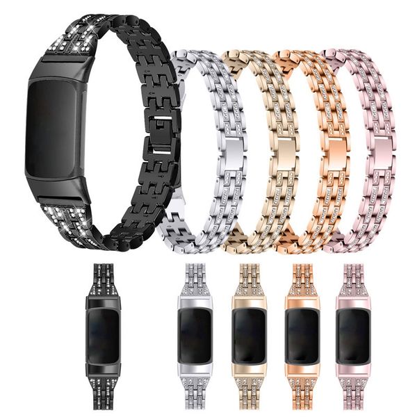 Cinturino per orologio in acciaio inossidabile Bracciale con diamanti per Fitbit Charge 5 Cinturino per orologio Cinque perline Due file di diamanti Bracciale da donna Accessori intelligenti