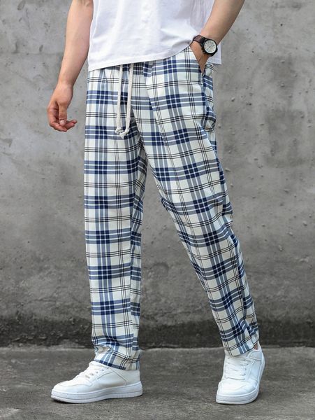 

men plaid drawstring waist pants n4yu#, Black